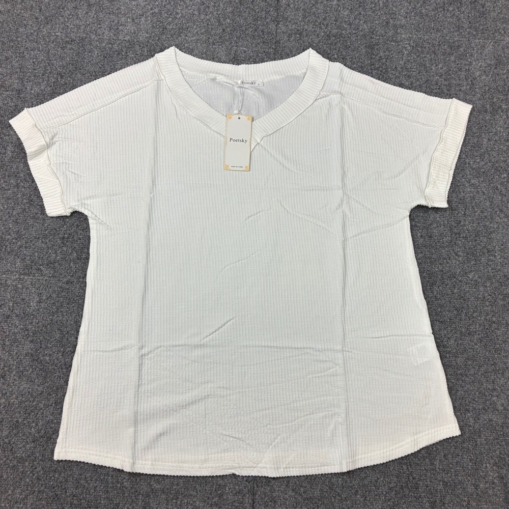 Poetsky Womens XL White Waffle Knit V-Neck Short Sleeve Top Relaxed Fit T-Shirt